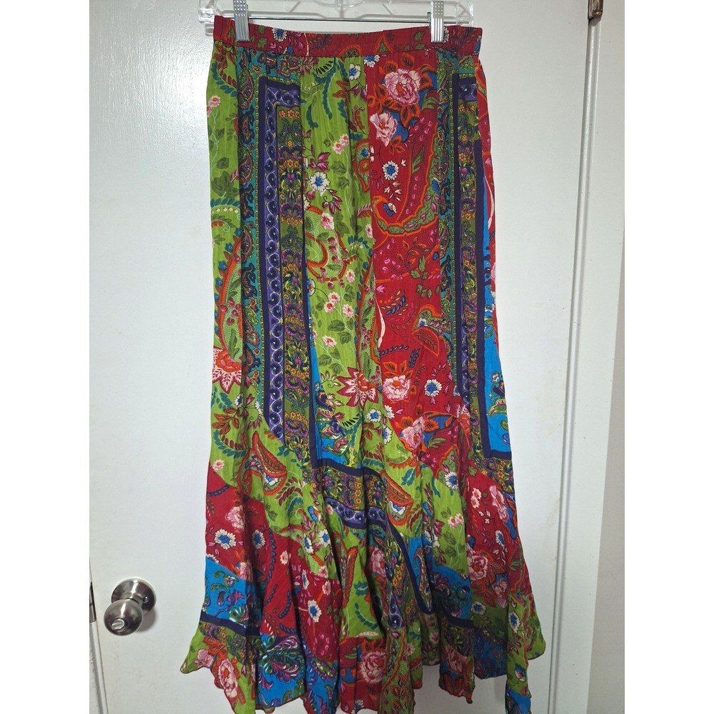 Carrie Allen Boho Patchwork Paisley Ruffle Maxi Skirt Gypsy Women's M Colorful